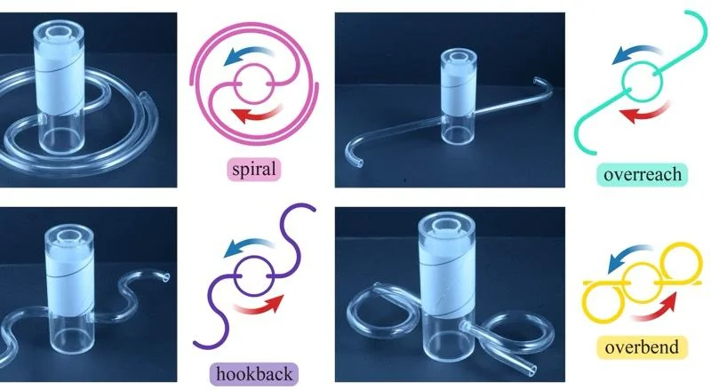 Halka, spiral ve kanca biçimli kollara sahip silly sprinkler deney düzeneklerinin fotoğrafı
