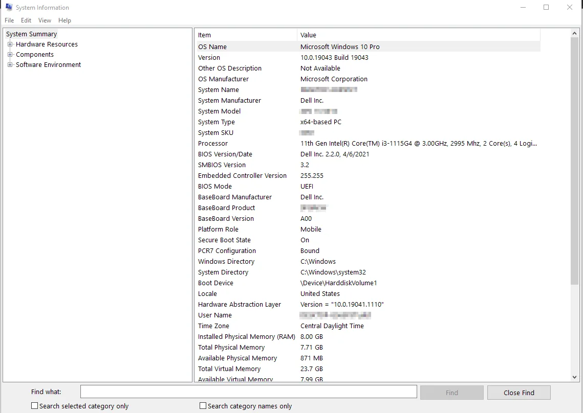 Windows Sistem Bilgisi (msinfo32) ekranında işlemci satırında çekirdek ve mantıksal işlemci sayısı