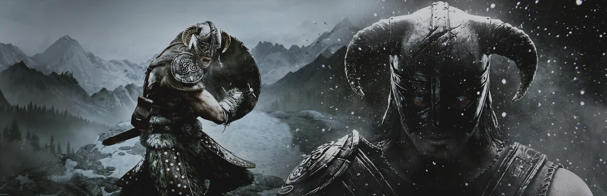 The Elder Scrolls V: Skyrim'in resmi key art görseli: boynuzlu miğferli Dragonborn karakteri karlı dağlar önünde kılıç ve kalkanla