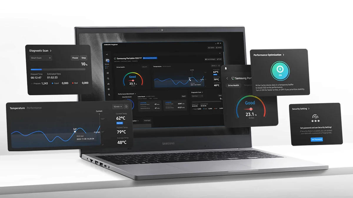 Samsung Magician uygulamasında SSD sürücü sağlığı ve tanı ekranı