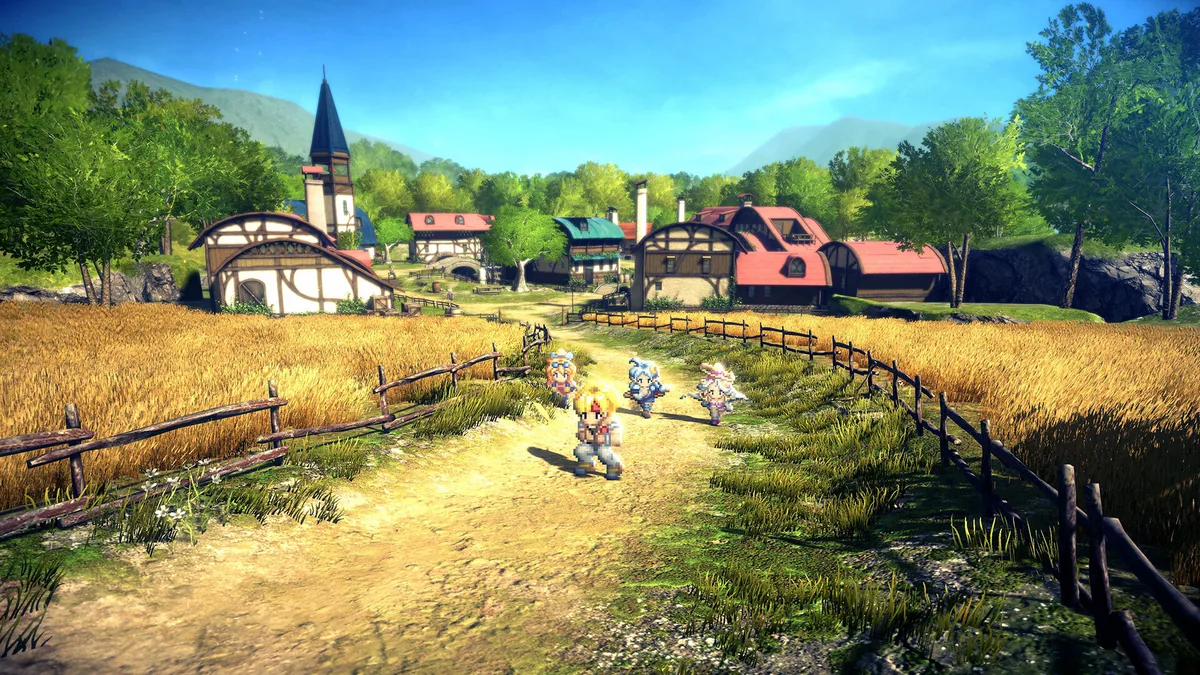 Star Ocean: The Second Story R resmî oyun içi ekran görüntüsü — Claude C. Kenny önde koşarken Rena Lanford ve ekip arkadaşları kırsal bir köy yolunda ilerliyor