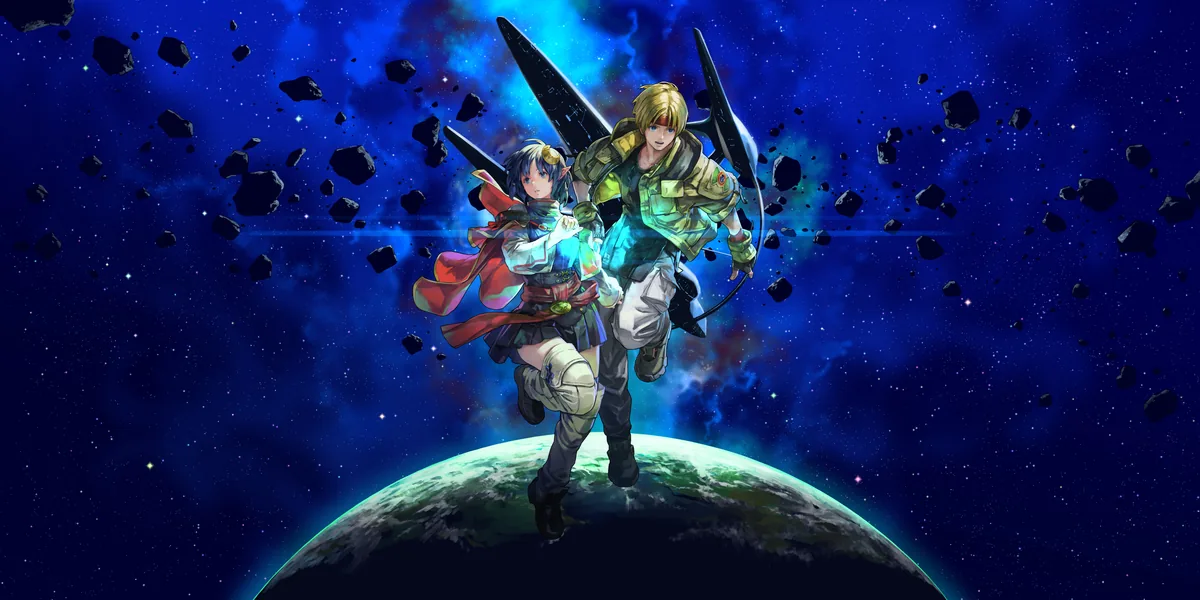 Star Ocean: The Second Story R resmî key art görseli — Claude C. Kenny ve Rena Lanford yıldızlarla dolu uzayda bir gezegenin üzerinde birlikte koşuyor