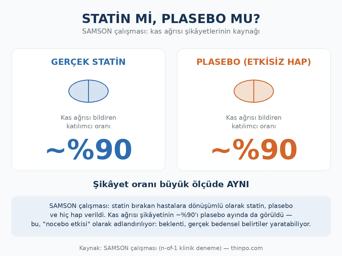Statin ve plasebo karşılaştırmalı nocebo etkisi infografiği: SAMSON çalışmasında kas ağrısı şikâyetinin yaklaşık yüzde 90'ı hem gerçek statin hem de plasebo grubunda görüldü
