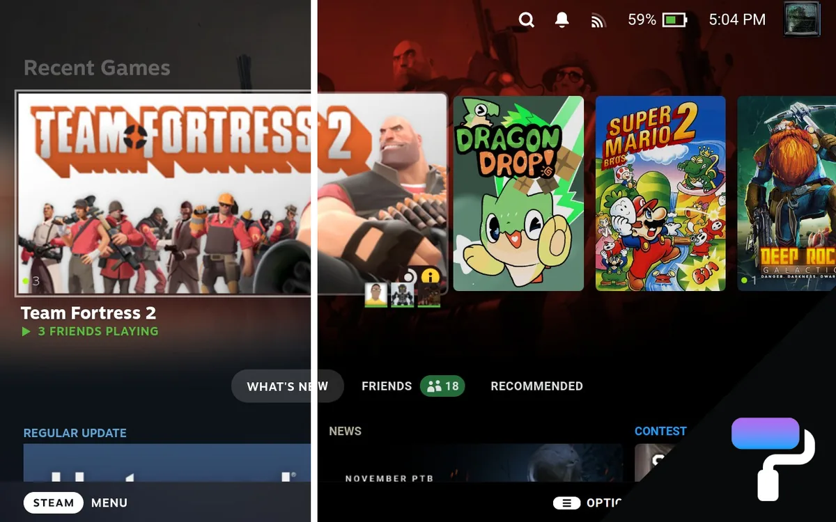 CSS Loader eklentisiyle temalandırılmış Steam Deck arayüzü ekran görüntüsü, sağda koyu özel tema solda standart görünüm