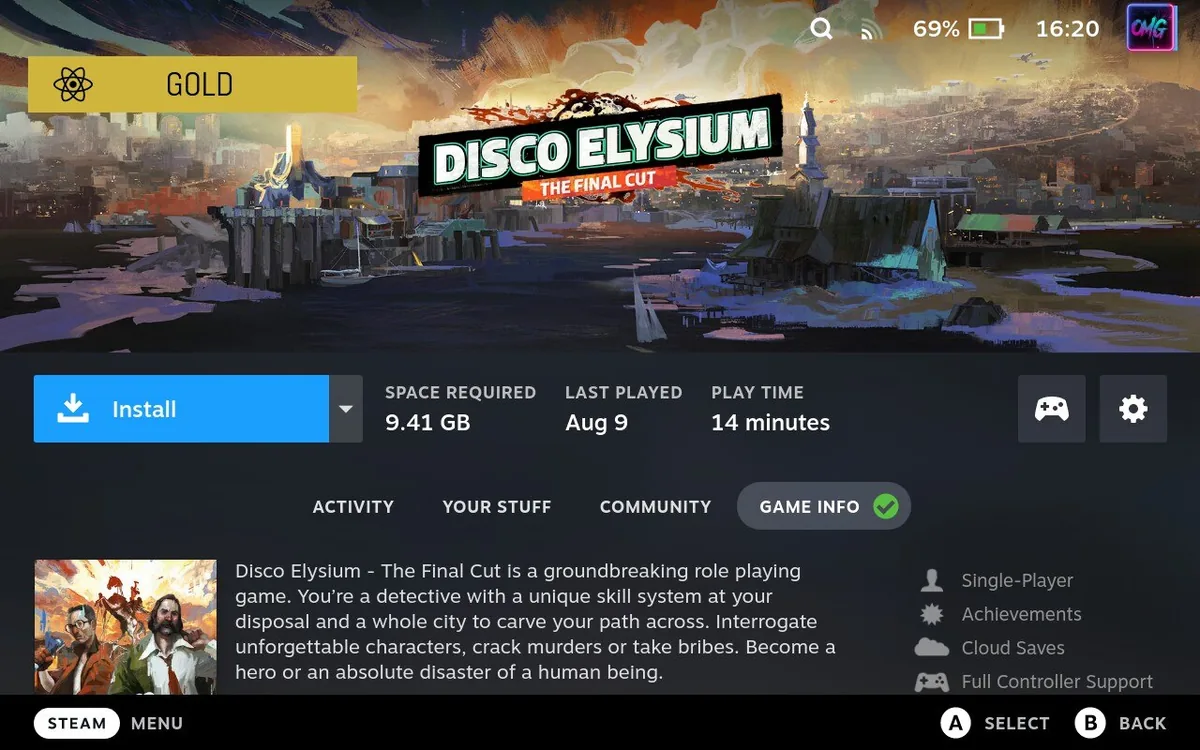 Steam kütüphanesinde bir oyun sayfasında ProtonDB Badges eklentisinin gösterdiği Gold uyumluluk rozeti