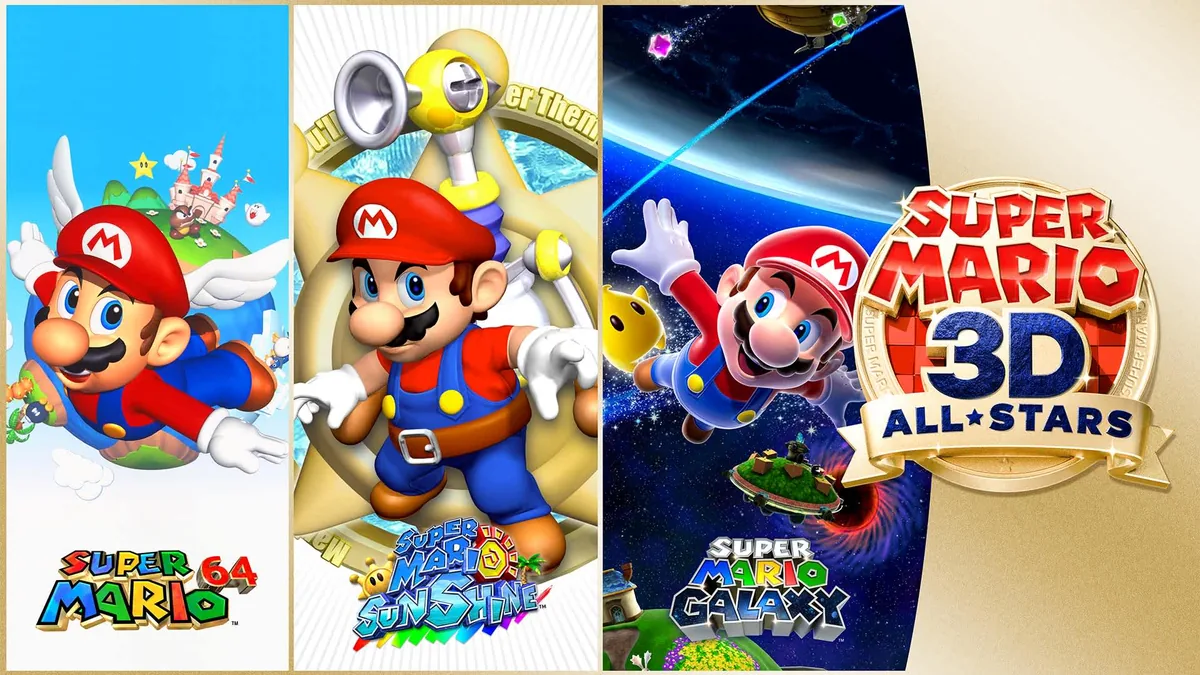 Super Mario 3D All-Stars paketindeki Super Mario 64, Sunshine ve Galaxy'yi gösteren resmi Nintendo görseli