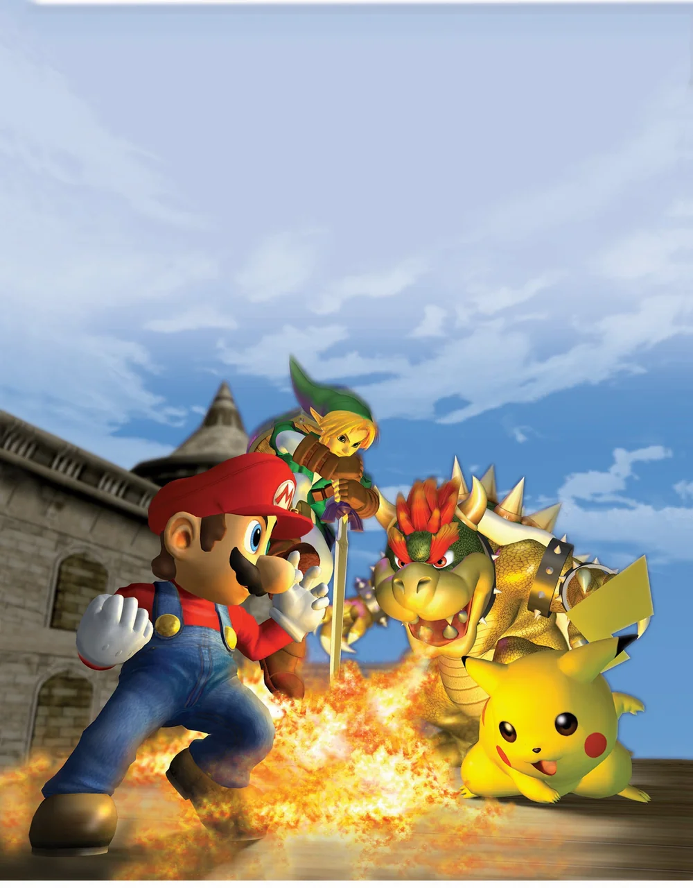 Super Smash Bros. Melee oyununun resmi kapak görseli; Mario, Link, Bowser ve Pikachu bir arada