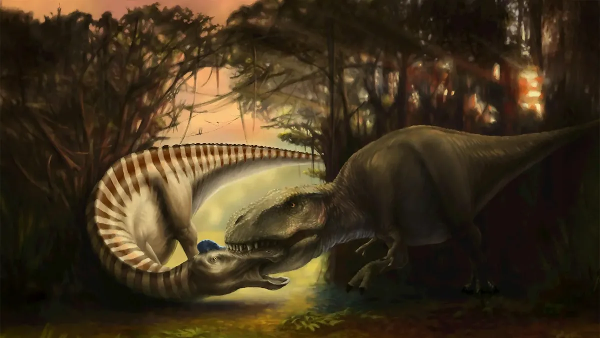 Bir Tyrannosaurus rex ile ördek gagalı bir Edmontosaurus'un 66 milyon yıl önce yüz yüze geldiği anı gösteren bilimsel paleo-sanat illüstrasyonu