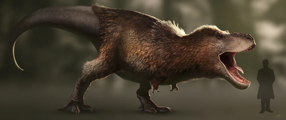 Dişlerini gösteren, tehditkâr duruşta erişkin bir Tyrannosaurus rex'in bilimsel doğruluğu yüksek paleo-sanat portresi