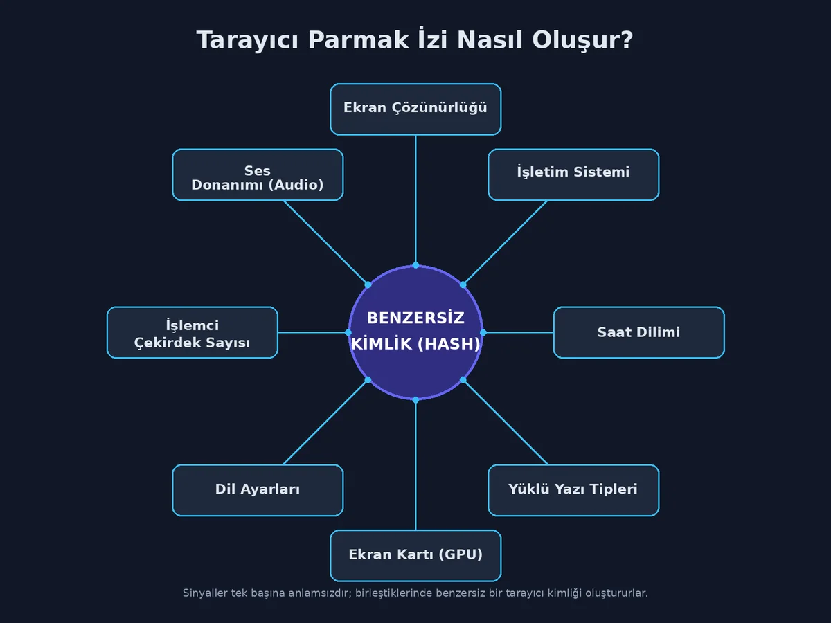 Tarayıcı parmak izini oluşturan veri noktalarını gösteren infografik: ekran çözünürlüğü, işletim sistemi, saat dilimi, yazı tipleri, ekran kartı, dil, işlemci ve ses donanımı sinyalleri birleşerek benzersiz bir kimlik oluşturur