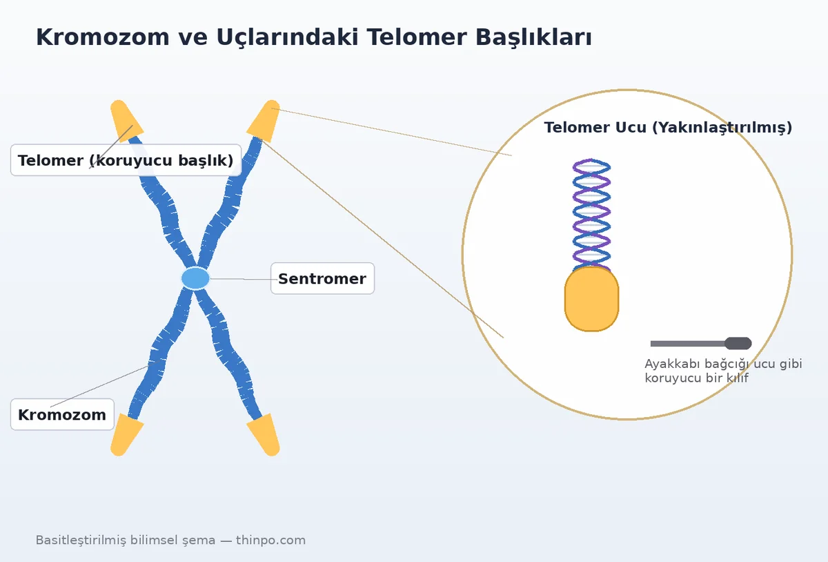 Bir kromozomun şeması ve ucundaki telomer koruyucu başlığının yakınlaştırılmış, ayakkabı bağcığı ucu benzetmeli gösterimi