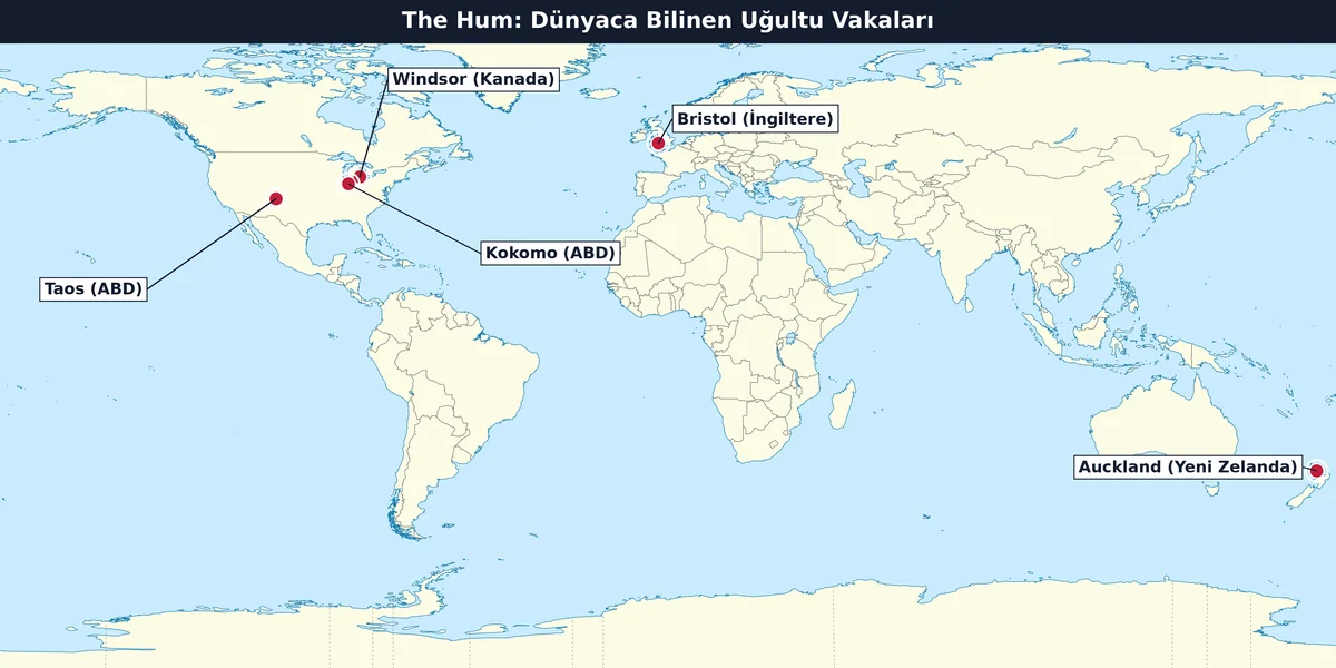 Dünyanın gizemli uğultusu The Hum vakalarının dünya haritasında gösterildiği infografik: Taos, Bristol, Windsor, Kokomo ve Auckland