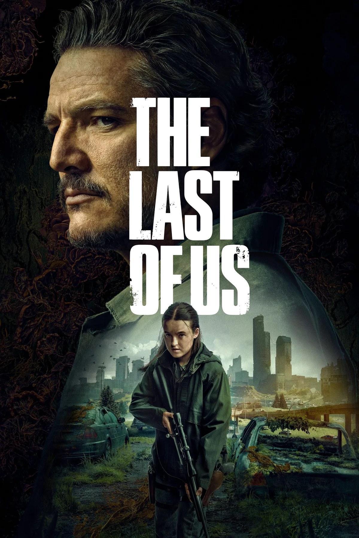 The Last of Us dizisinin resmi afişi: Pedro Pascal'ın canlandırdığı Joel ve Bella Ramsey'in canlandırdığı Ellie, mantar salgını sonrası çökmüş bir şehrin önünde