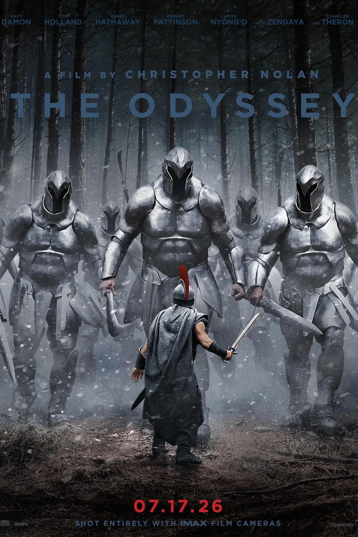 The Odyssey filminin resmi afişi; Matt Damon'ın canlandırdığı Odysseus ve zırhlı savaşçılar