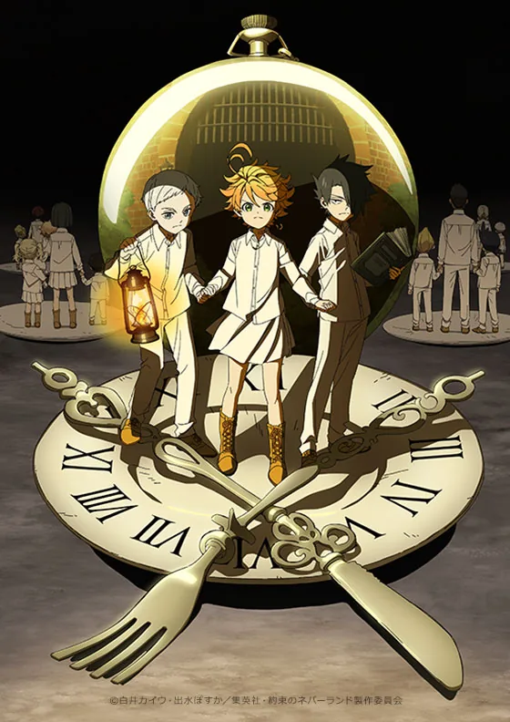 The Promised Neverland anime resmi key art görselinde Emma, Norman ve Ray - ilk sezondan sonra düşüşe geçen anime örneği