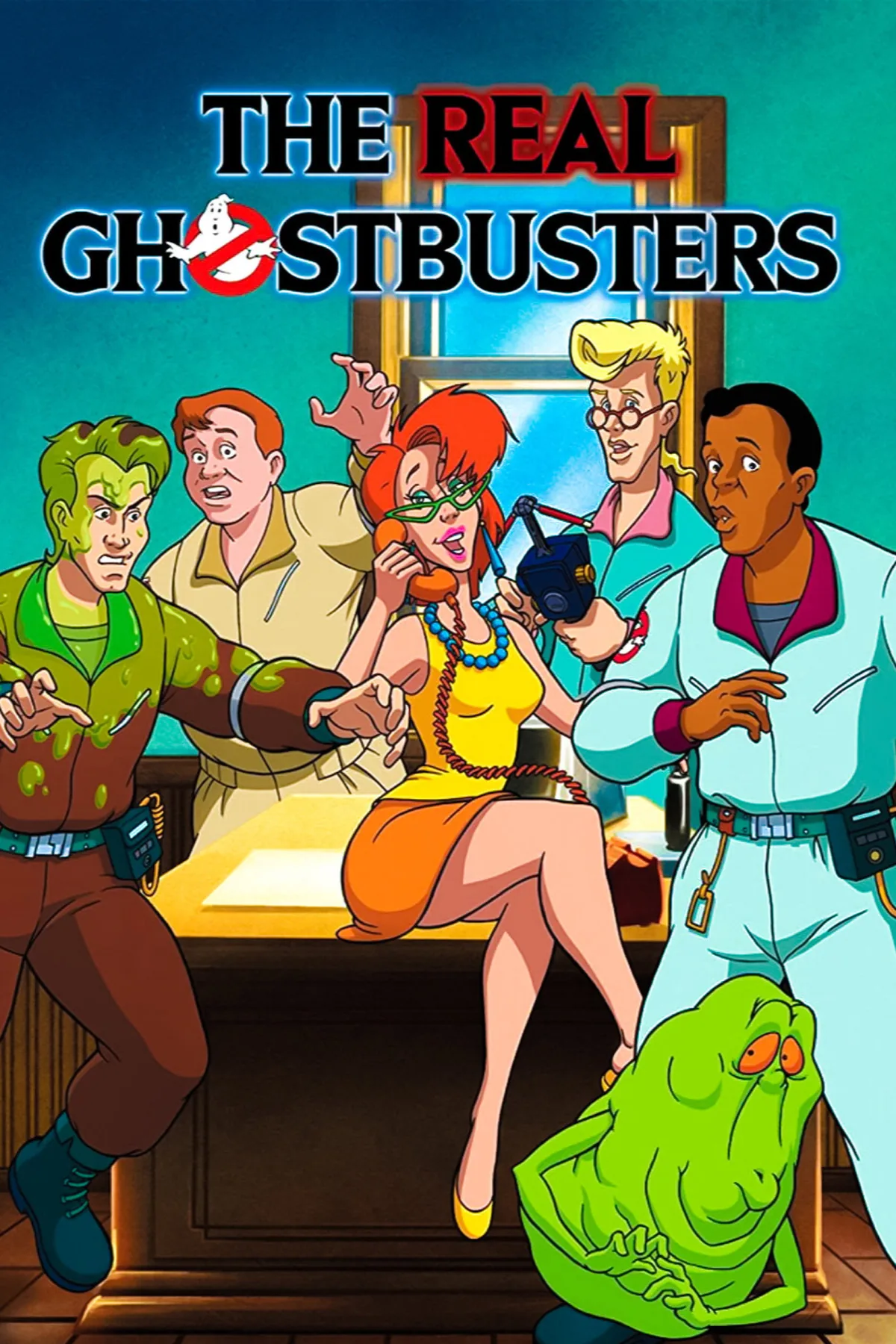 The Real Ghostbusters (1986) dizisinin resmi afişi: dört hayalet avcısı, Janine ve Slimer