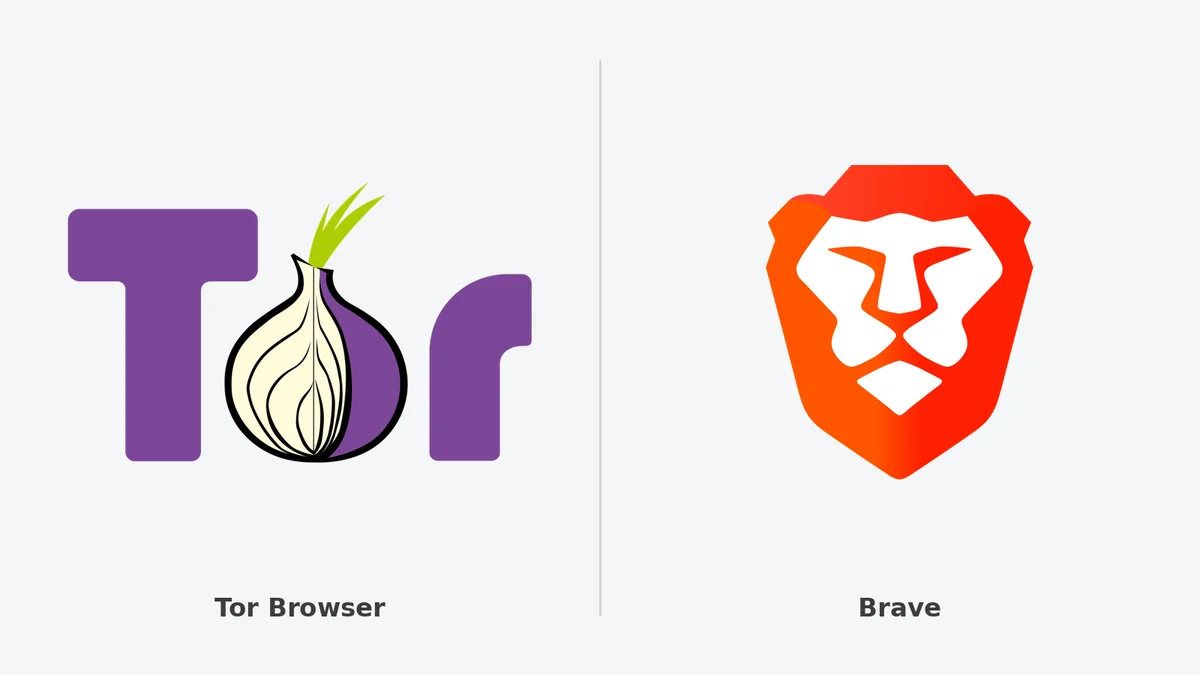 Tarayıcı parmak izine karşı güçlü koruma sunan Tor Browser ve Brave tarayıcılarının resmi logoları yan yana