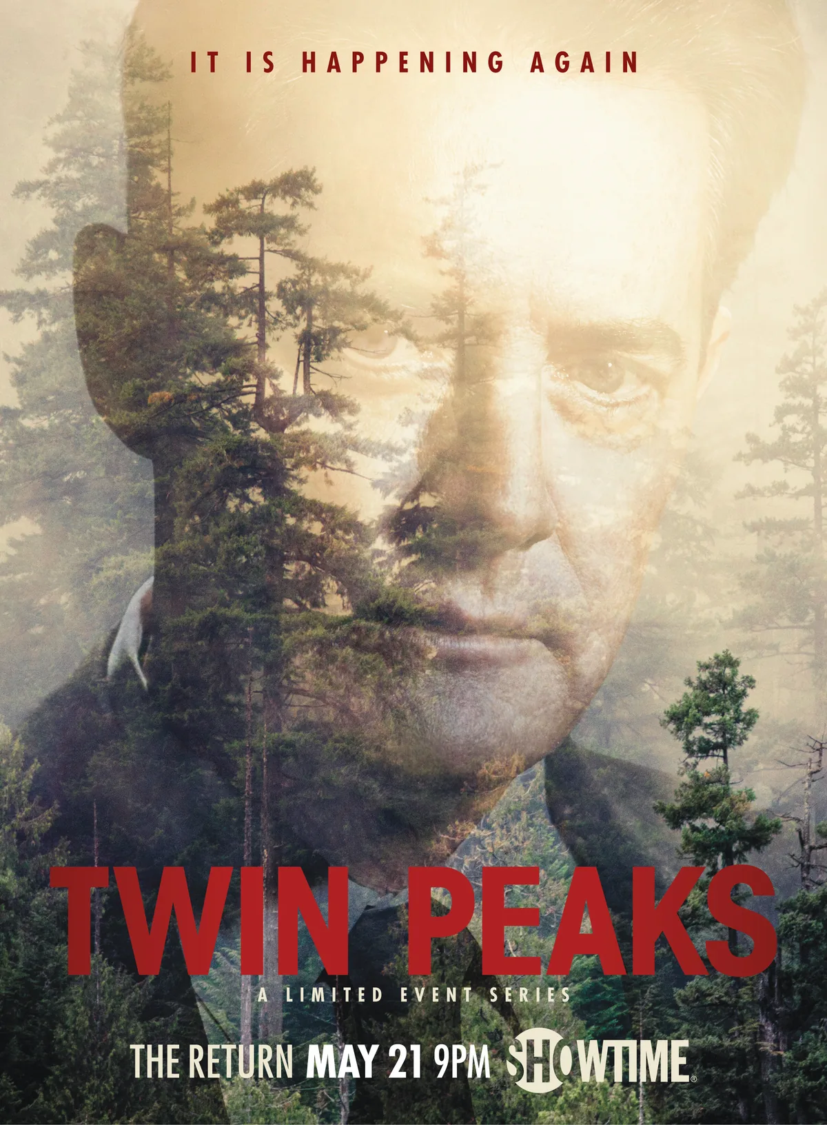 Twin Peaks dizisinin resmi tanıtım posteri, Agent Cooper karakteri ve orman atmosferini gösteriyor