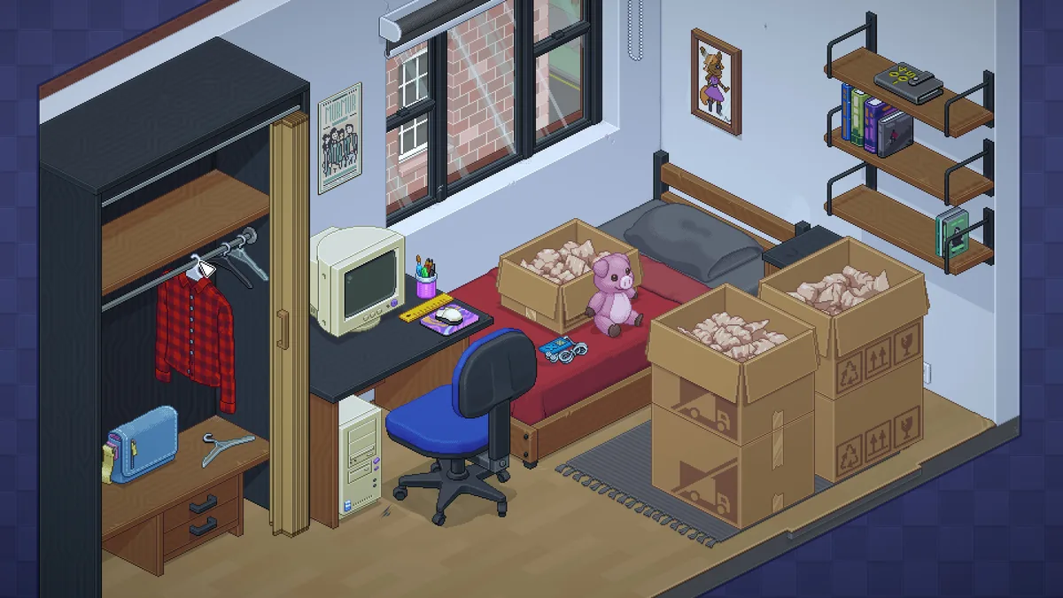 Unpacking oyununda kutulardan çıkarılan eşyalarla doldurulan pixel-art bir öğrenci odası