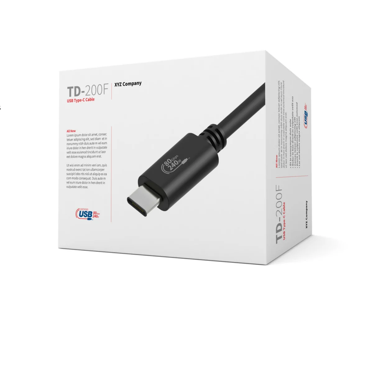 USB-IF sertifikalı USB-C kablosu üzerinde CERTIFIED USB 80Gbps 240W logosu ve ambalaj kutusundaki aynı sertifika işareti