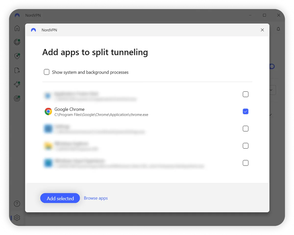 NordVPN uygulamasında split tunneling için uygulama seçim ekranı; uygulama listesi ve yanlarındaki onay kutuları