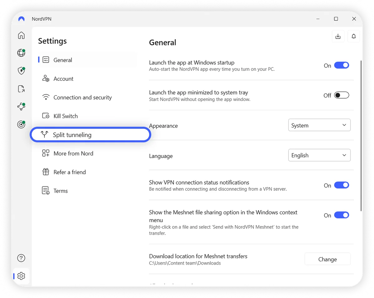 NordVPN Windows uygulamasında Ayarlar menüsünde Split Tunneling bölümünün seçili olduğu ekran görüntüsü