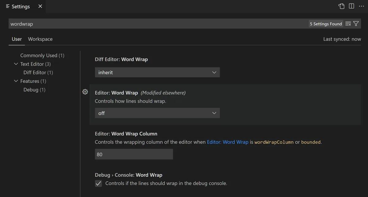 VS Code Ayarlar Editöründe arama kutusu ve filtrelenmiş ayar listesi