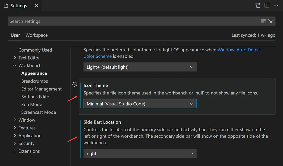 VS Code Ayarlar Editöründe Side Bar Location ayarının right olarak değiştirilmiş hâli