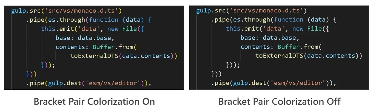 VS Code'da bracket pair colorization ayarı açık ve kapalıyken parantez renklendirme karşılaştırması