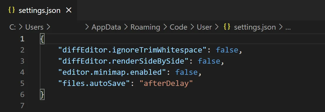 VS Code kullanıcı settings.json dosyasında files.autoSave ve editor.minimap.enabled ayarları