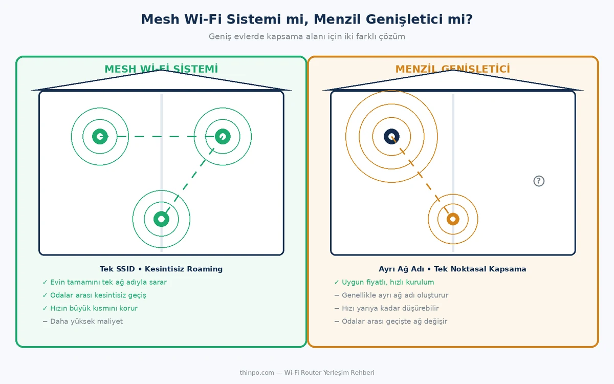 Mesh Wi-Fi sistemi ile menzil genişletici karşılaştırma infografiği: mesh sistemde tek ağ adıyla evi saran çok üniteli düğümler, menzil genişleticide ana routera bağlı tek nokta ve kapsanamayan bölge gösteriliyor