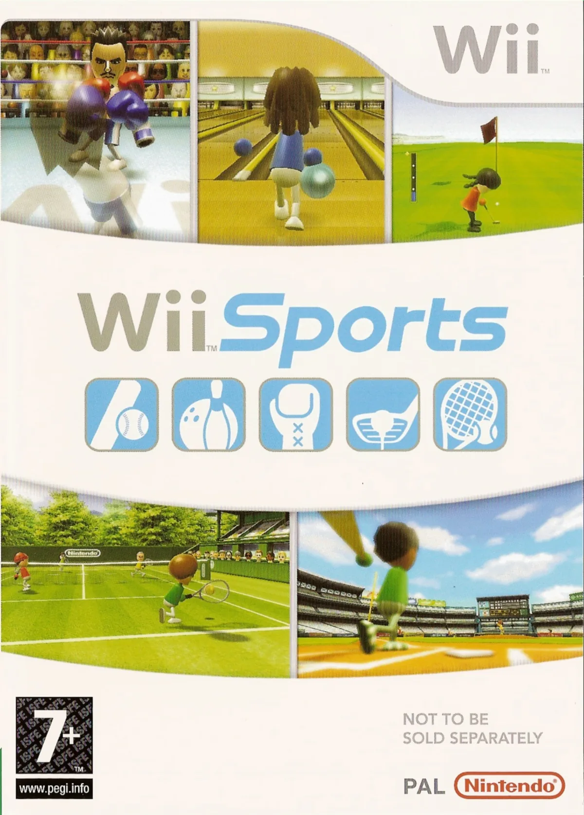 Wii Sports oyununun resmi kutu kapağı: boks, bowling, golf, tenis ve beyzbol oynayan Mii karakterleri
