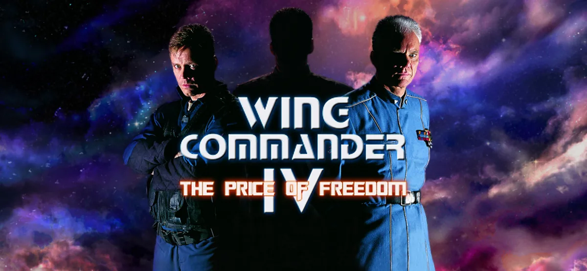Wing Commander IV: The Price of Freedom oyununun resmi kapak görseli; Christopher Blair rolündeki Mark Hamill, Malcolm McDowell ve uzay avcısı gemisiyle logo