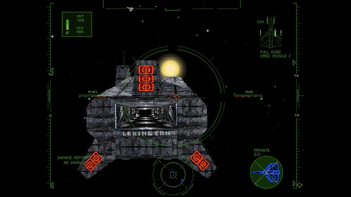 Wing Commander IV oyun içi ekran görüntüsü; kokpit HUD ekranından Lexington uçak gemisine yaklaşan uzay avcısı gemisi