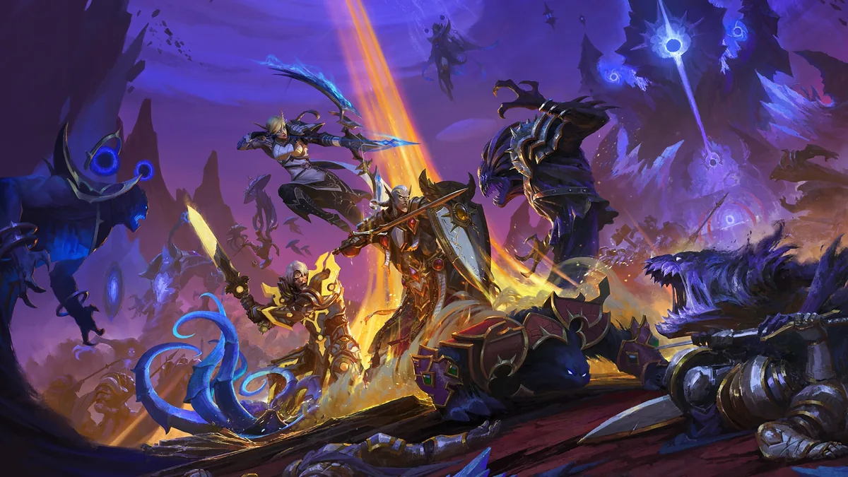 World of Warcraft oyununun resmi anahtar görseli: ışık huzmesi altında canavarlara karşı savaşan zırhlı kahramanlar