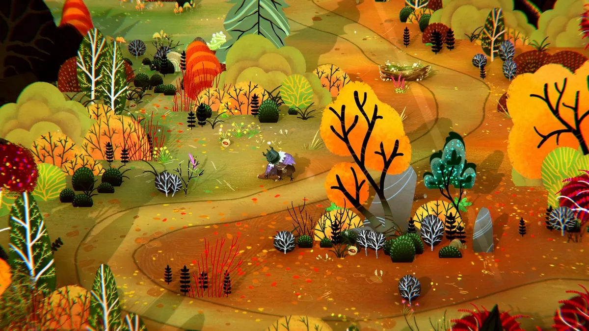 Wytchwood oyununda cadı karakterinin sonbahar renkli masalsı bir ormanda malzeme toplaması