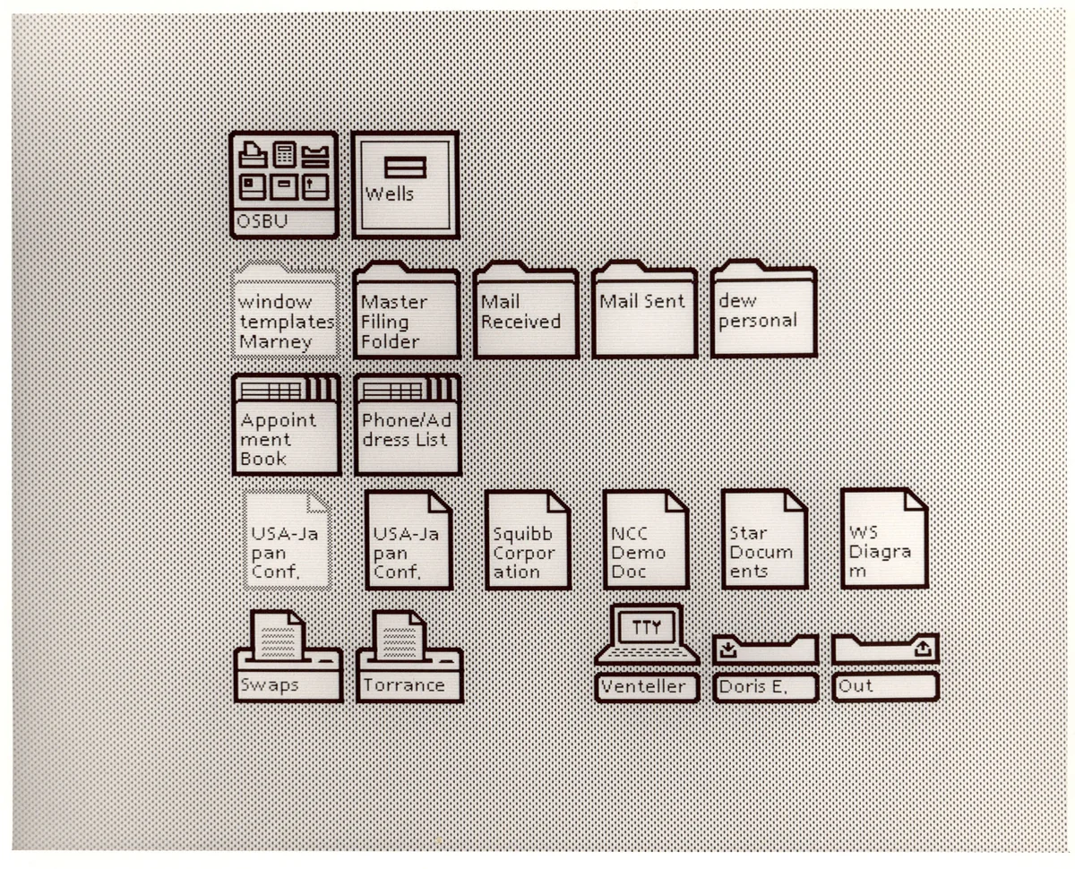 Xerox Star 8010 Information System'in masaüstünde yer alan klasör, belge ve yazıcı simgelerinin ekran görüntüsü