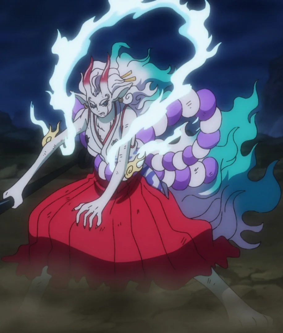 One Piece'te Yamato'nun Inu Inu no Mi Model Okuchi no Makami ile kurt hibrit formuna dönüştüğü resmi anime görseli