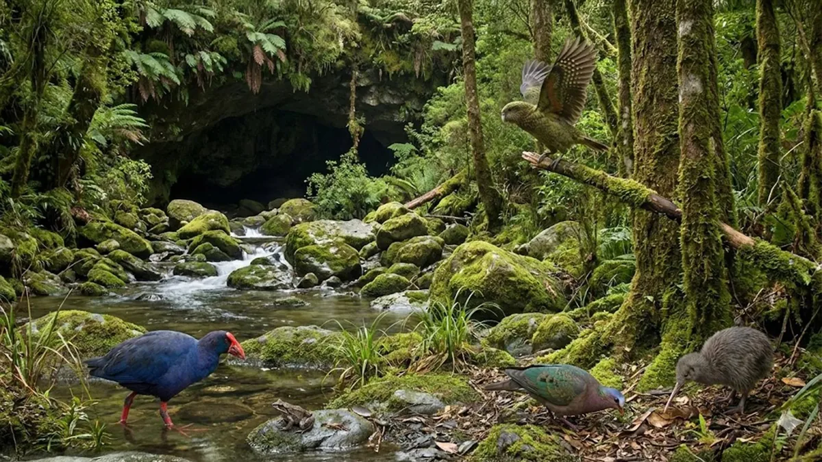 Yeni Zelanda'da milyon yıllık fosil kaydının bulunduğu Waitomo bölgesindeki kireçtaşı mağarasını ve çevresindeki sisli ormanı gösteren manzara