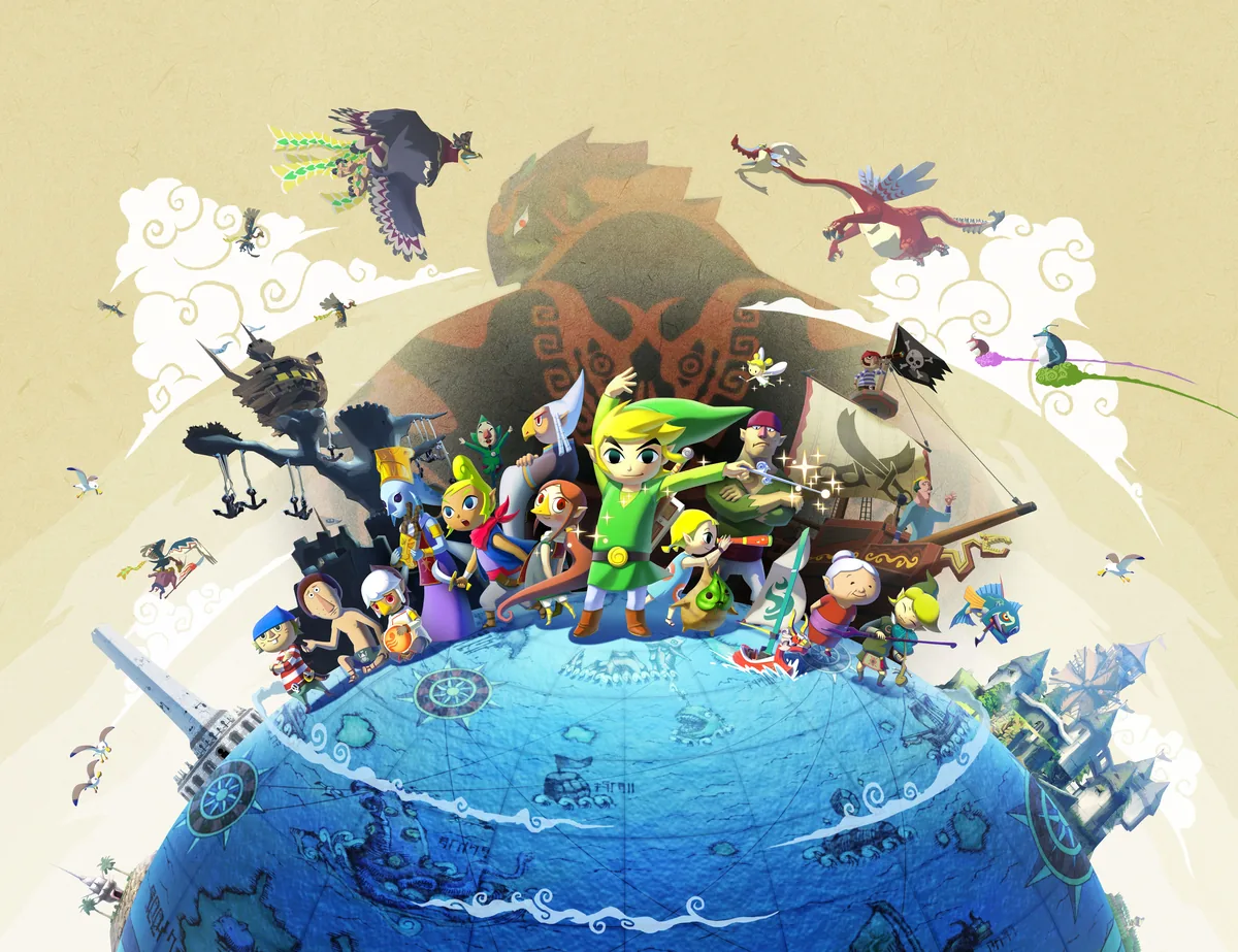 The Legend of Zelda: The Wind Waker oyunundan Link ve yol arkadaşlarını gösteren resmi Nintendo çizim görseli