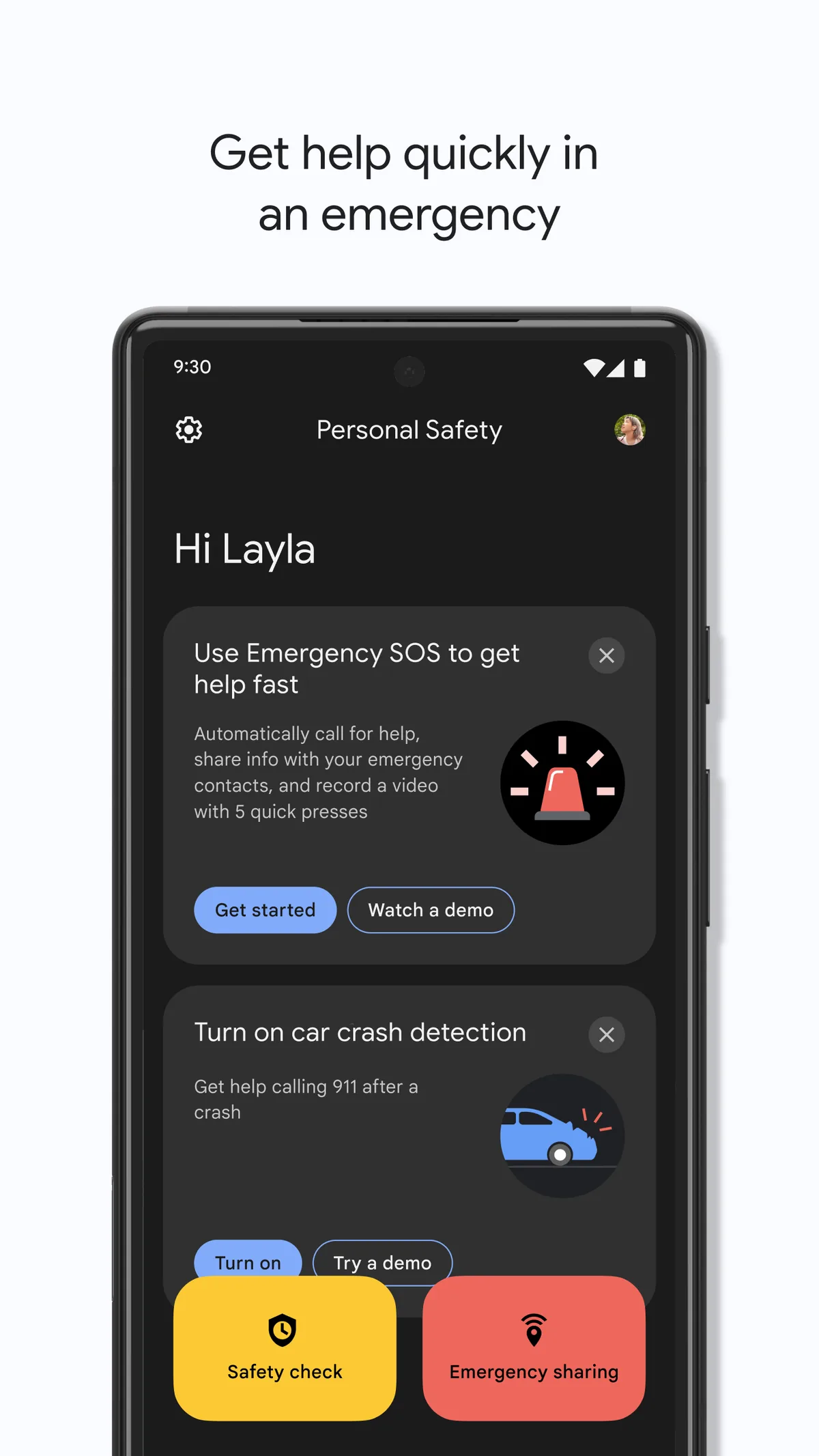 Google Pixel Kişisel Güvenlik uygulamasının ana ekranı: Acil SOS ve Kaza Algılama kartları, Güvenlik Kontrolü ve Acil Durum Paylaşımı düğmeleri