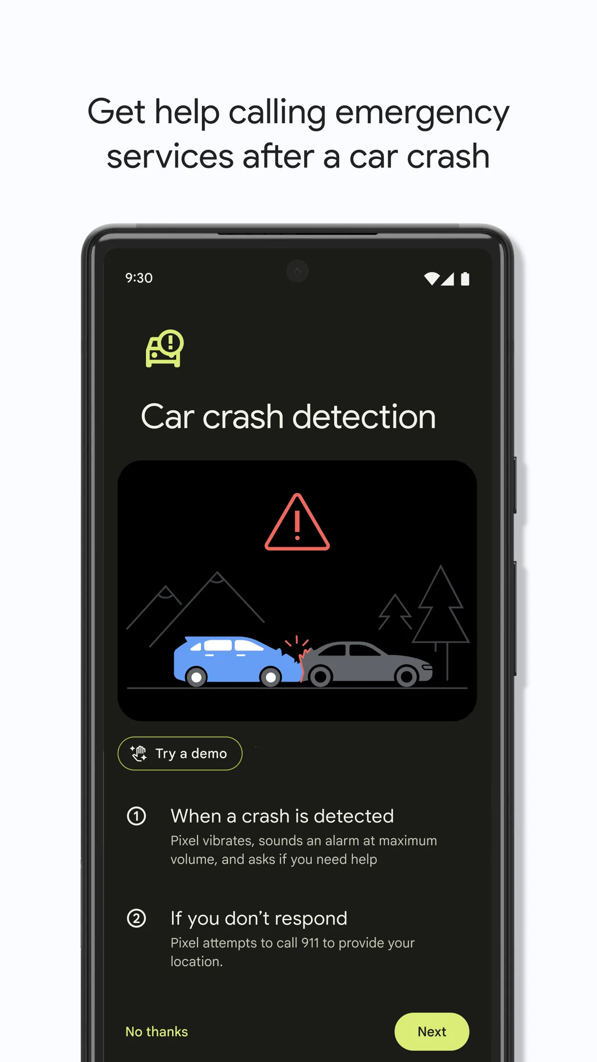 Pixel Kaza Algılama (Car Crash Detection) kurulum ekranı; kaza algılandığında ne olacağını adım adım gösterir