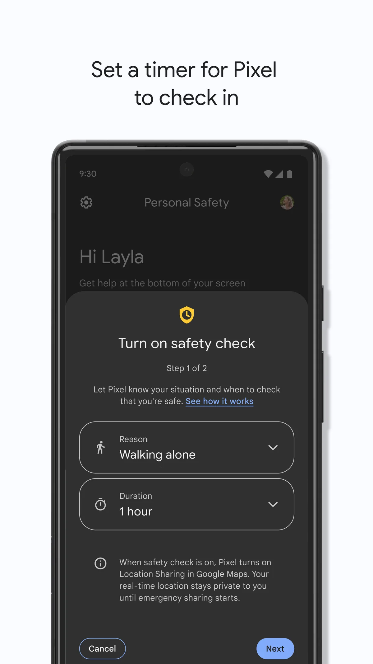 Pixel Güvenlik Kontrolü (Safety Check) kurulum ekranı; süre ve sebep seçimiyle Pixel'in check-in yapmasını sağlar