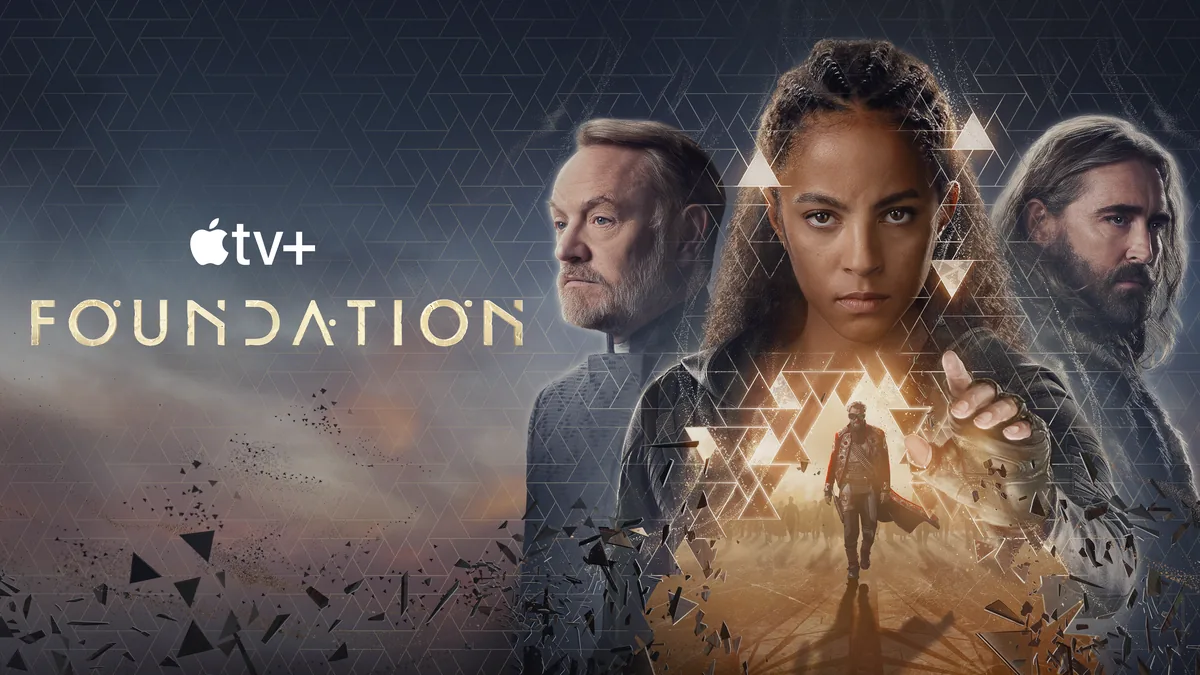 Foundation dizisinin 3. sezonuna ait resmi key art görseli, Hari Seldon (Jared Harris) ve Brother Day (Lee Pace) ile Gaal Dornick
