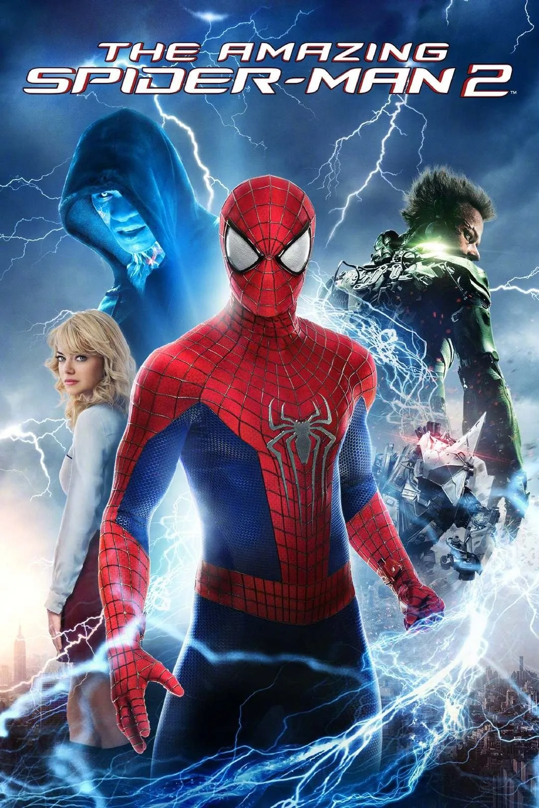 The Amazing Spider-Man 2 (2014) filminin resmi afişi — Andrew Garfield'in canlandırdığı Örümcek Adam ortada, arkasında mavi elektrik efektli Elektro, yeşil zırhlı Yeni Goblin ve Emma Stone'un Gwen Stacy'si