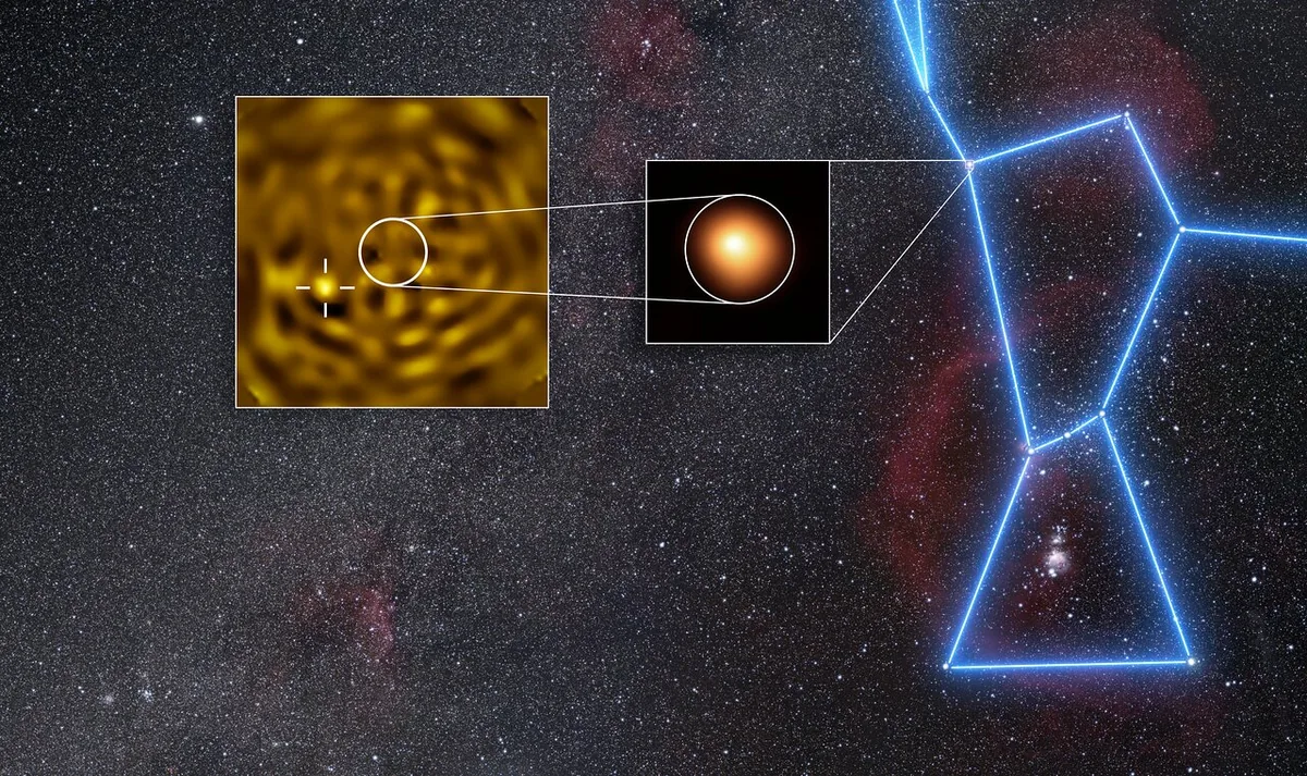 ESO VLT SPHERE/ZIMPOL ile görüntülenen Betelgeuse ve gizli yıldız eşi Betelgeuse B; parlak yıldız diskinin hemen yanında sönük ışık noktası olarak beliren eş ve Orion takımyıldızındaki konumu
