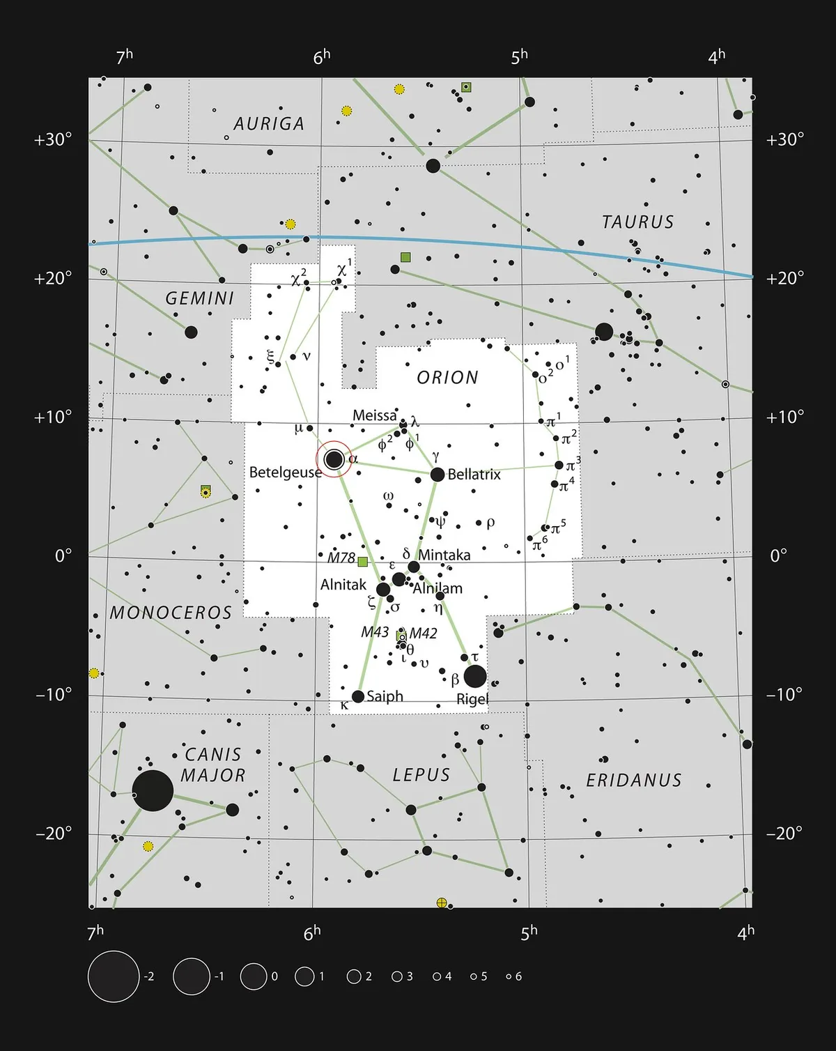 Betelgeuse ve Rigel dahil Orion takımyıldızının yıldız adlarının etiketlendiği resmî ESO-IAU gökyüzü haritası