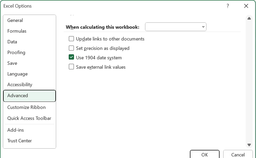 Excel Seçenekler penceresinde Gelişmiş sekmesi altında işaretli 'Use 1904 date system' (1904 tarih sistemini kullan) onay kutusu