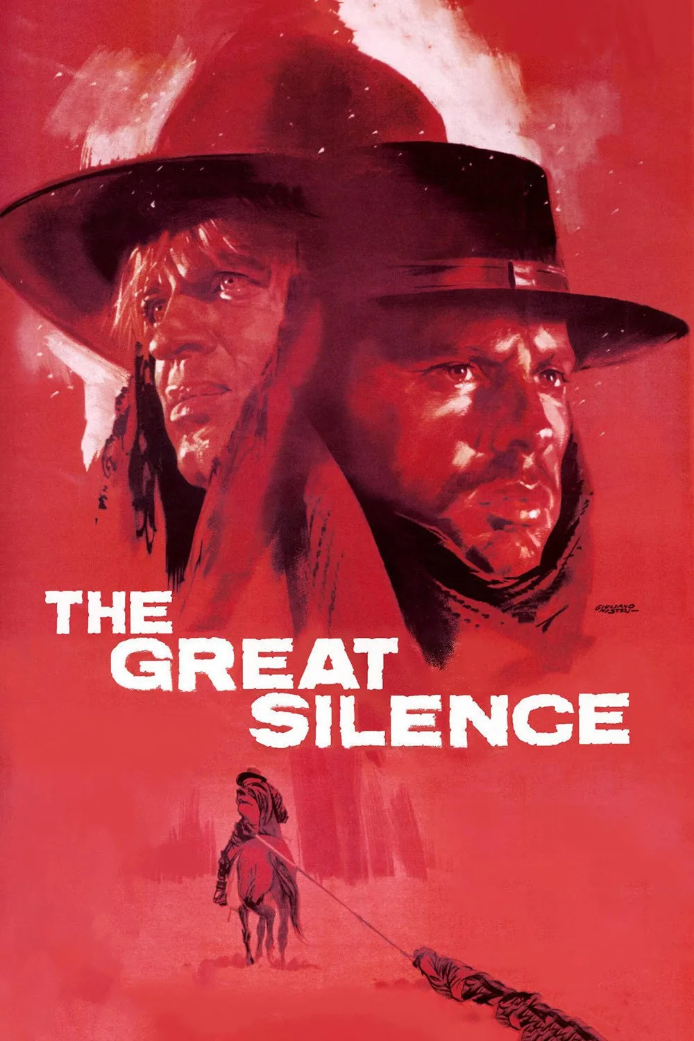 Il grande silenzio The Great Silence 1968 filminin resmi afişi; kırmızı tonlarda iki karakter portresi