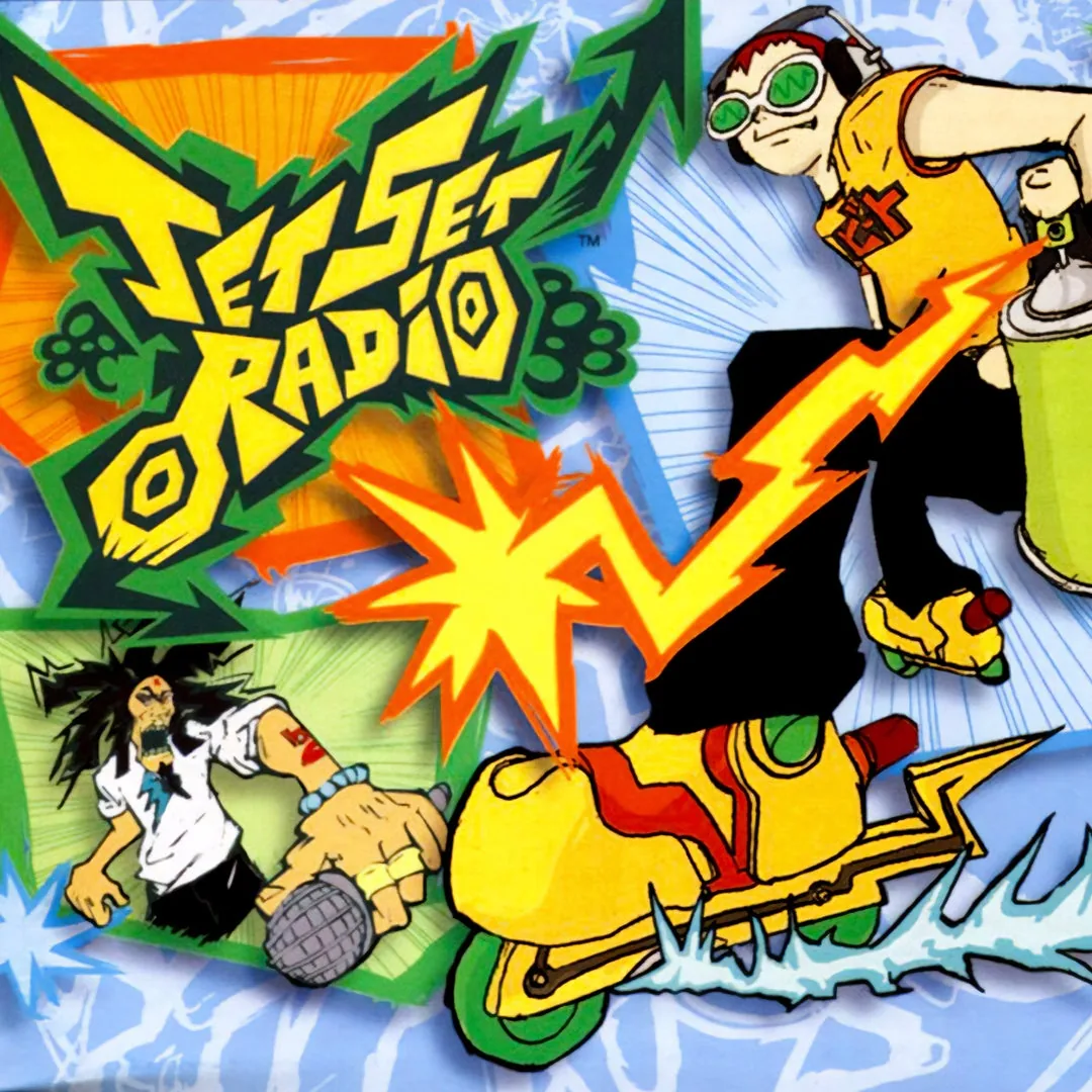 Jet Set Radio oyununun cel-shading teknikli resmi kapak görseli, paten kayan graffiti karakteriyle